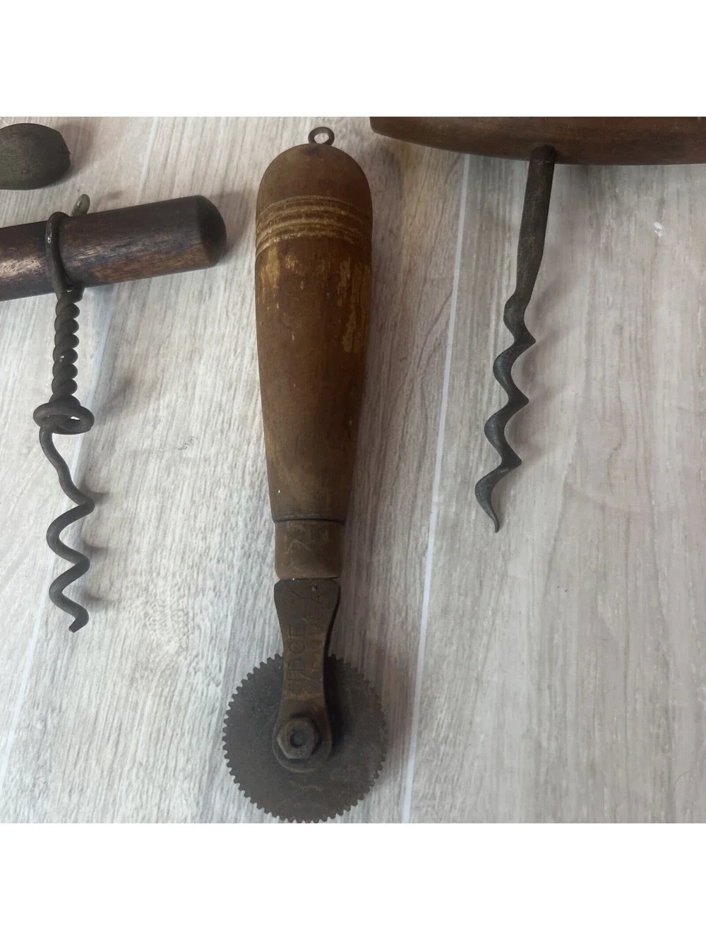 4 Antique Hand Tools Corkscrew Bottle Openers - Cutter - Faucet - WOOD HANDLES